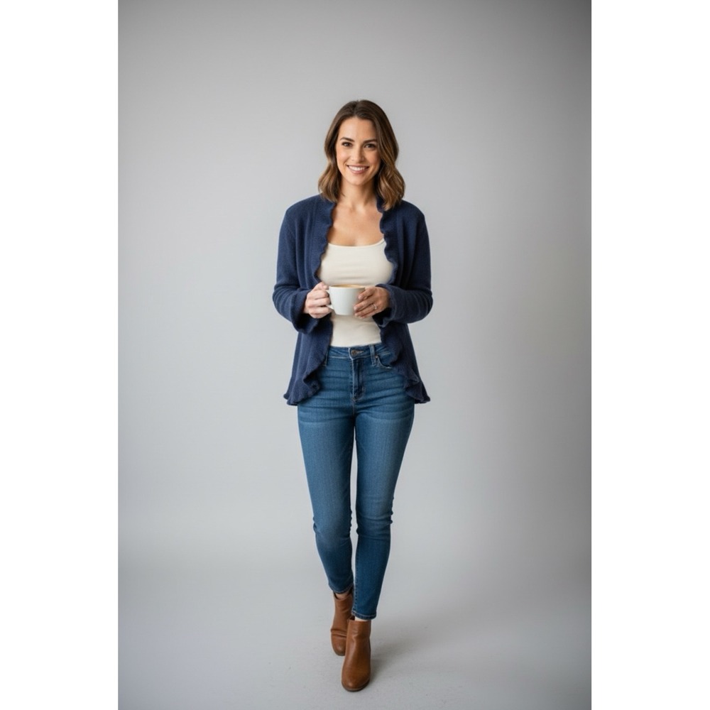 Susan Bristol Navy Blue Ruffle Wool Blend Cardigan Bell Sleeve Vintage Retro M